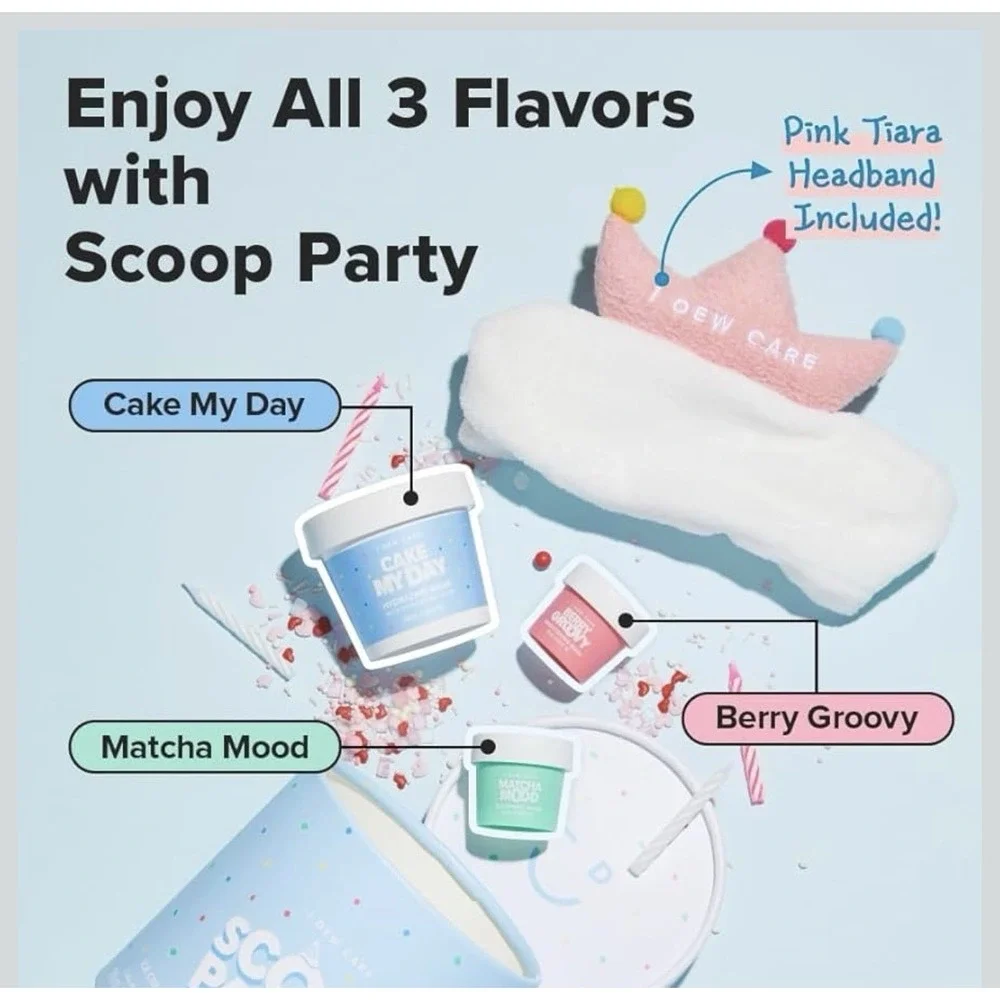 I Dew Care Wash Off Face Mask Set Scoop Party 3 masks and headband NEW